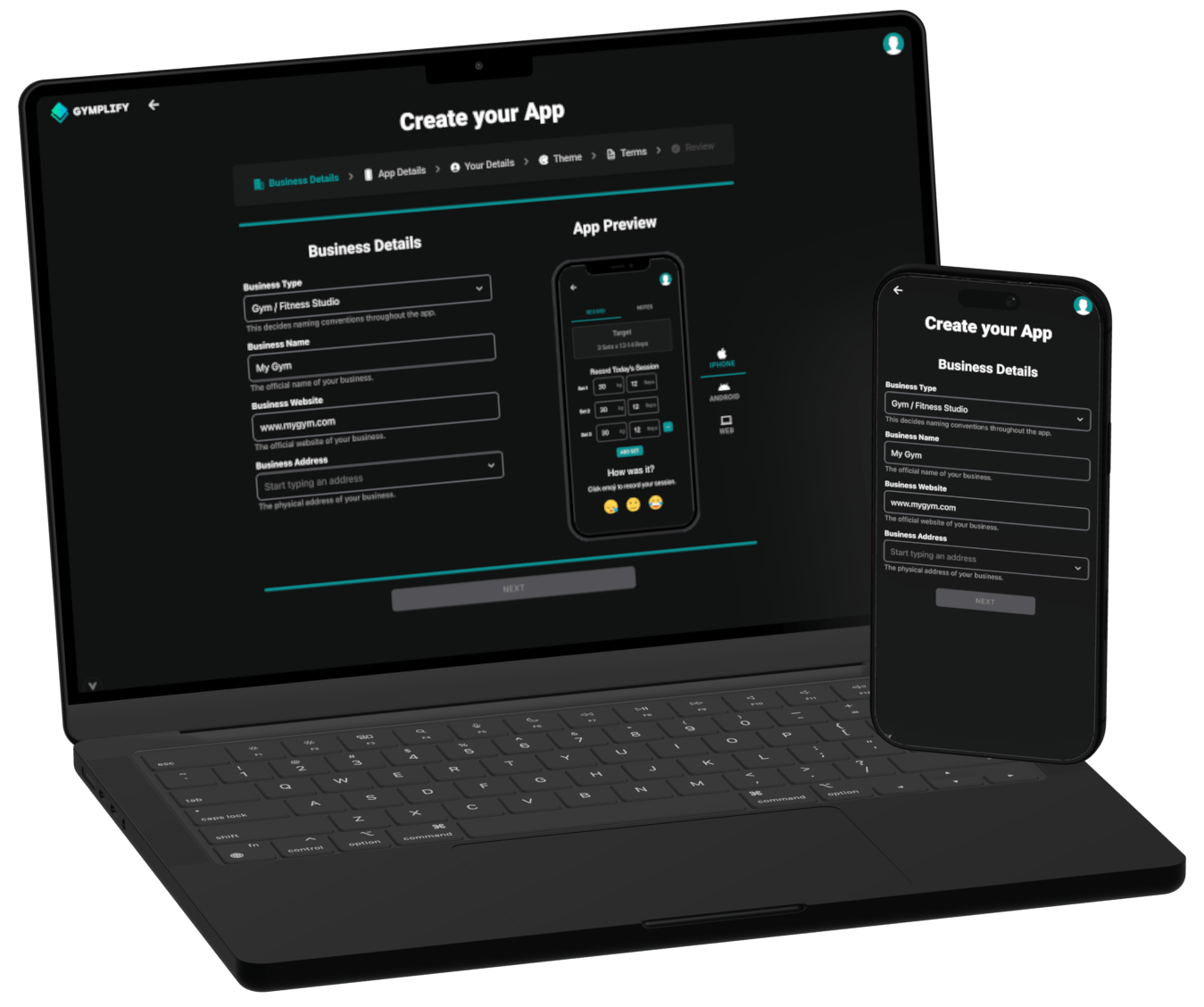 A macbook and an iPhone with the Gymplify app on the screen.