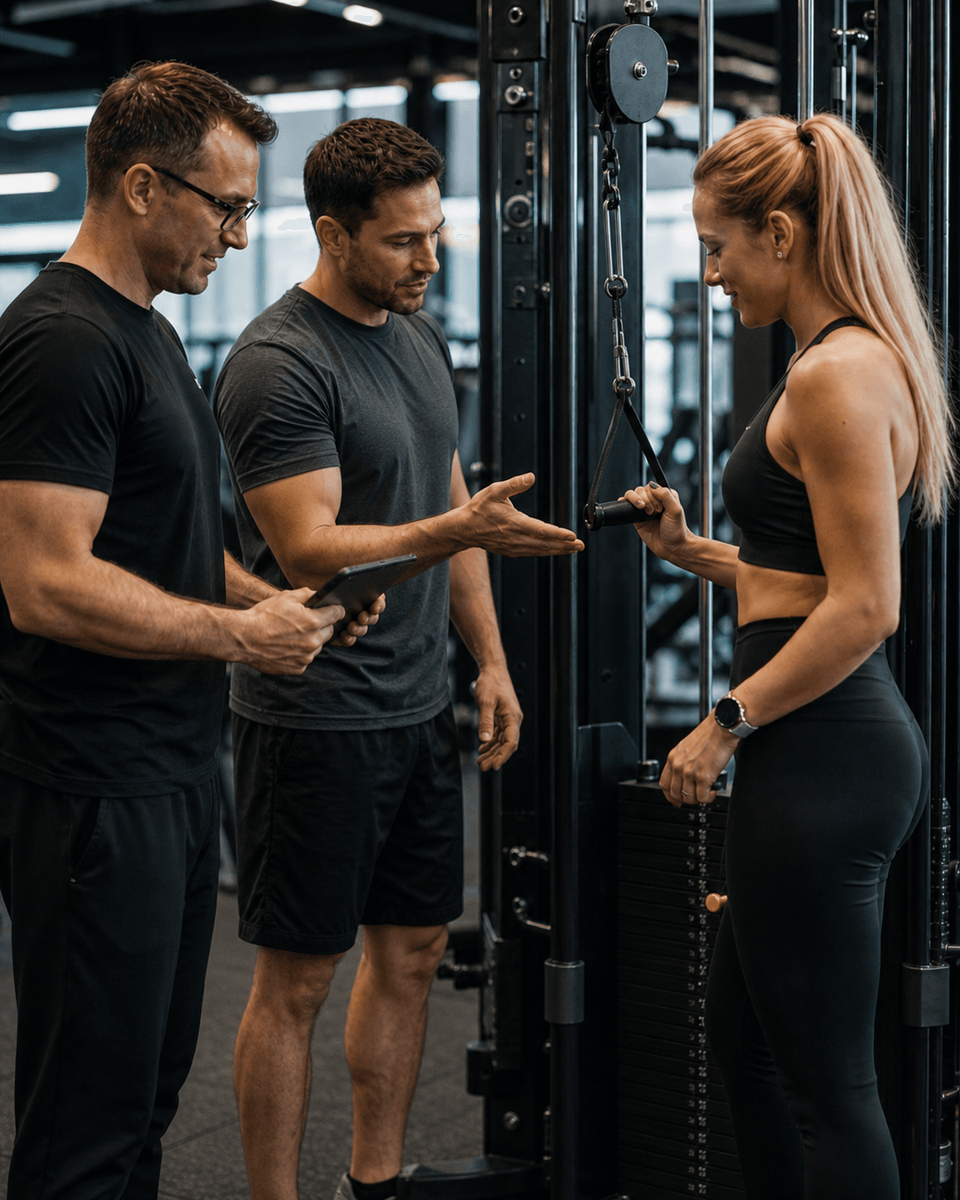 A gym manager, coach and member discussing a cable machine setup