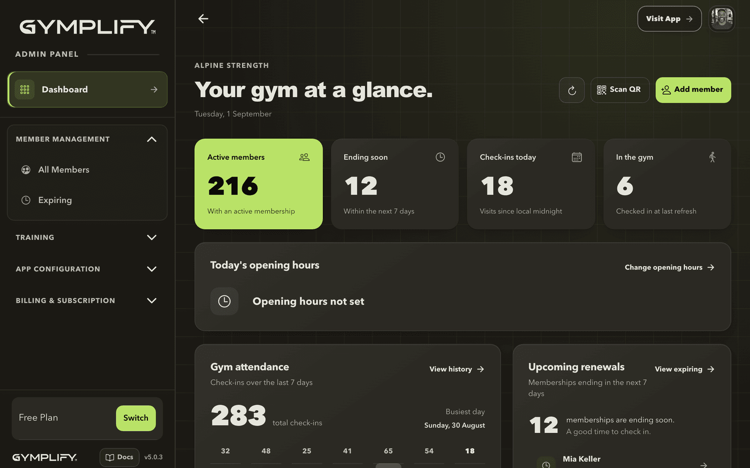 Gymplify admin dashboard with member statistics, check-ins and recent activity